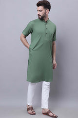 Buy Men's Green Cotton Solid Long Kurta Top Online - Back