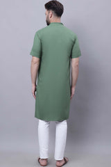 Buy Men's Green Cotton Solid Long Kurta Top Online - Front