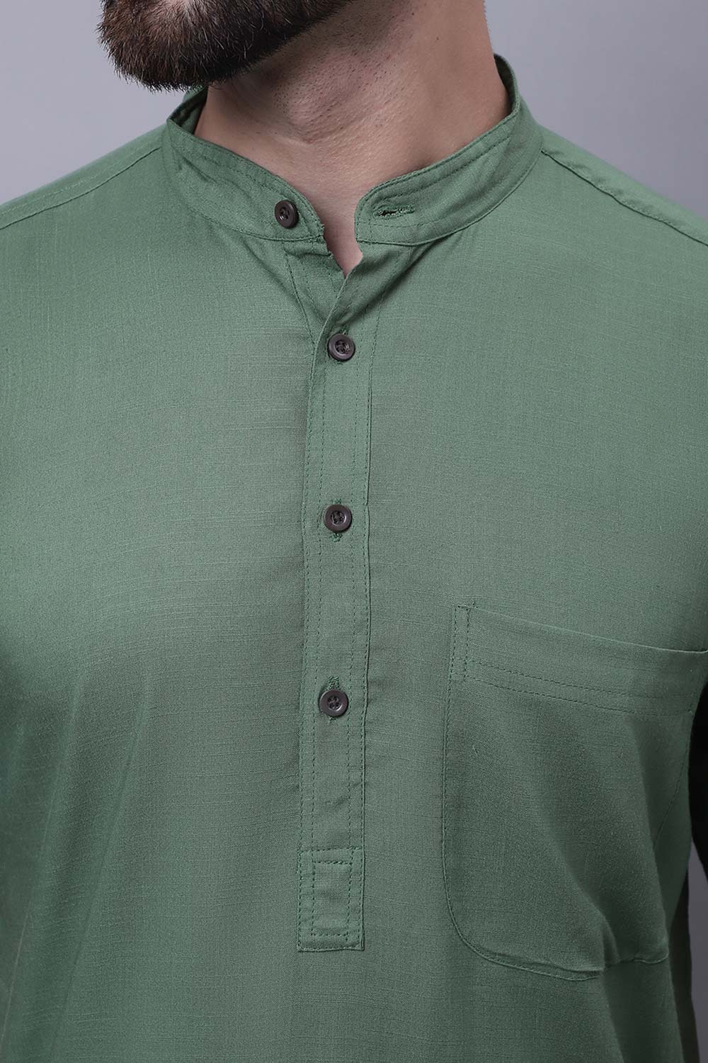 Buy Men's Green Cotton Solid Long Kurta Top Online - Side