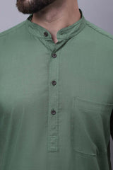 Buy Men's Green Cotton Solid Long Kurta Top Online - Side