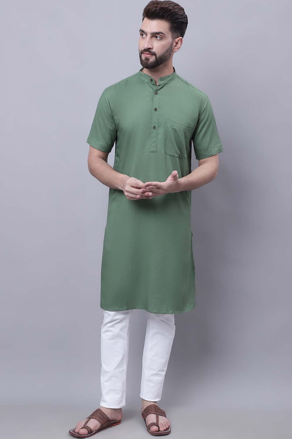 Buy Men's Green Cotton Solid Long Kurta Top Online - Zoom In