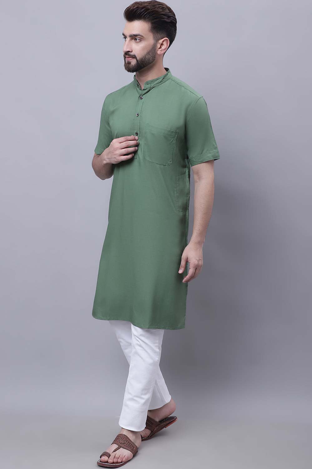 Buy Men's Green Cotton Solid Long Kurta Top Online - Zoom Out