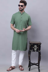 Buy Men's Green Cotton Solid Long Kurta Top Online