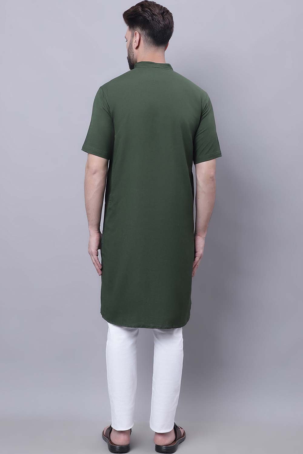 Buy Men's Green Cotton Solid Long Kurta Top Online - Front