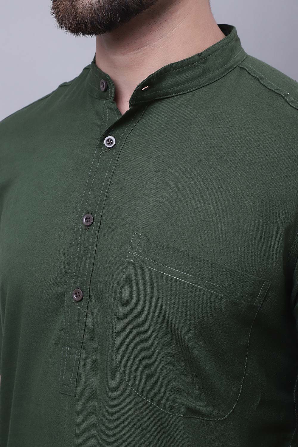 Buy Men's Green Cotton Solid Long Kurta Top Online - Side