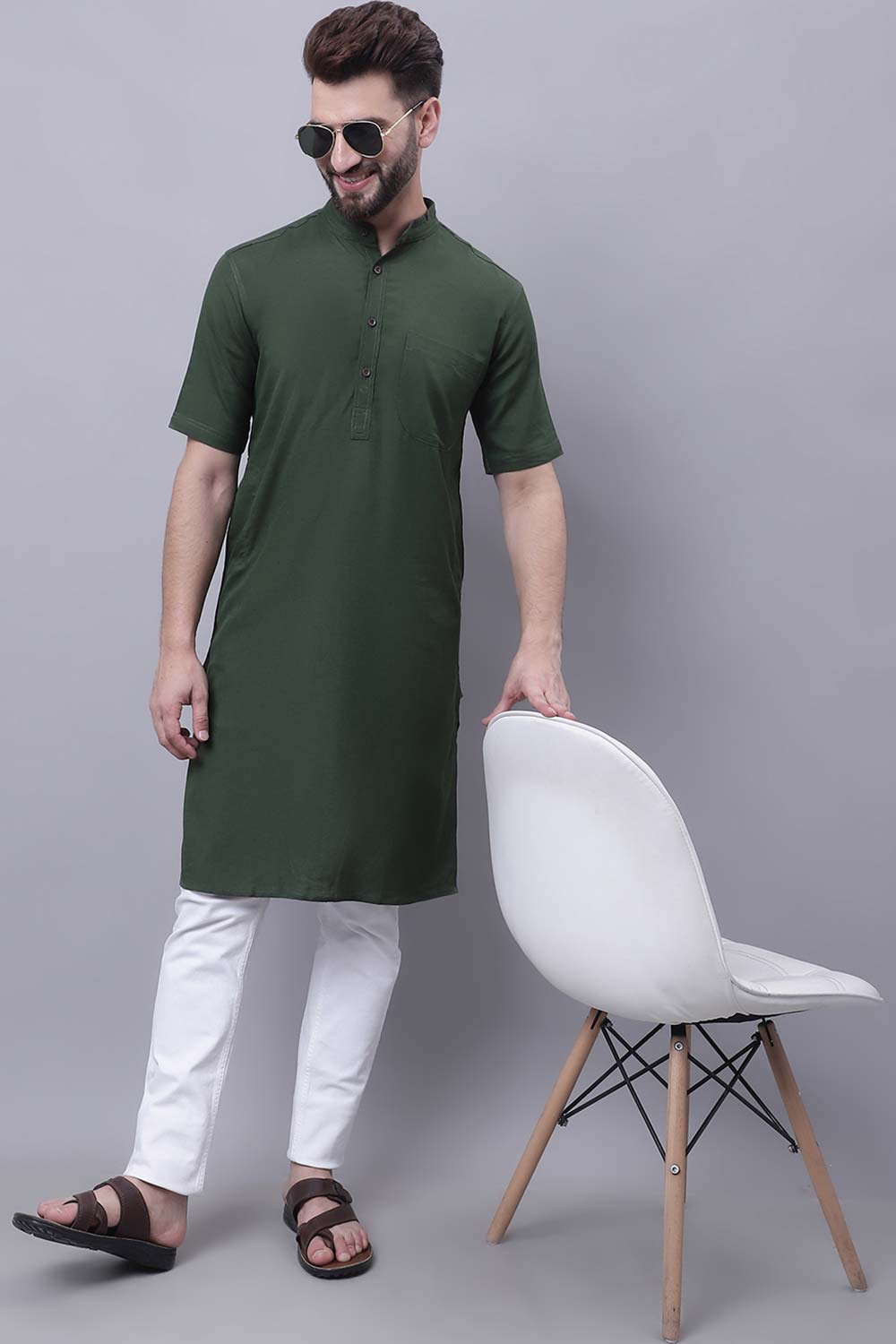 Buy Men's Green Cotton Solid Long Kurta Top Online - Zoom In