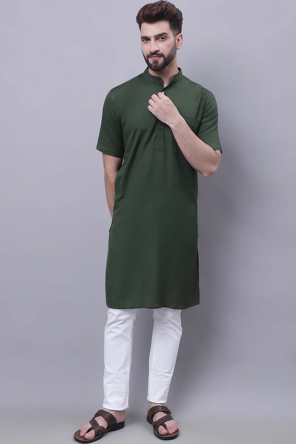 Buy Men's Green Cotton Solid Long Kurta Top Online - Zoom Out