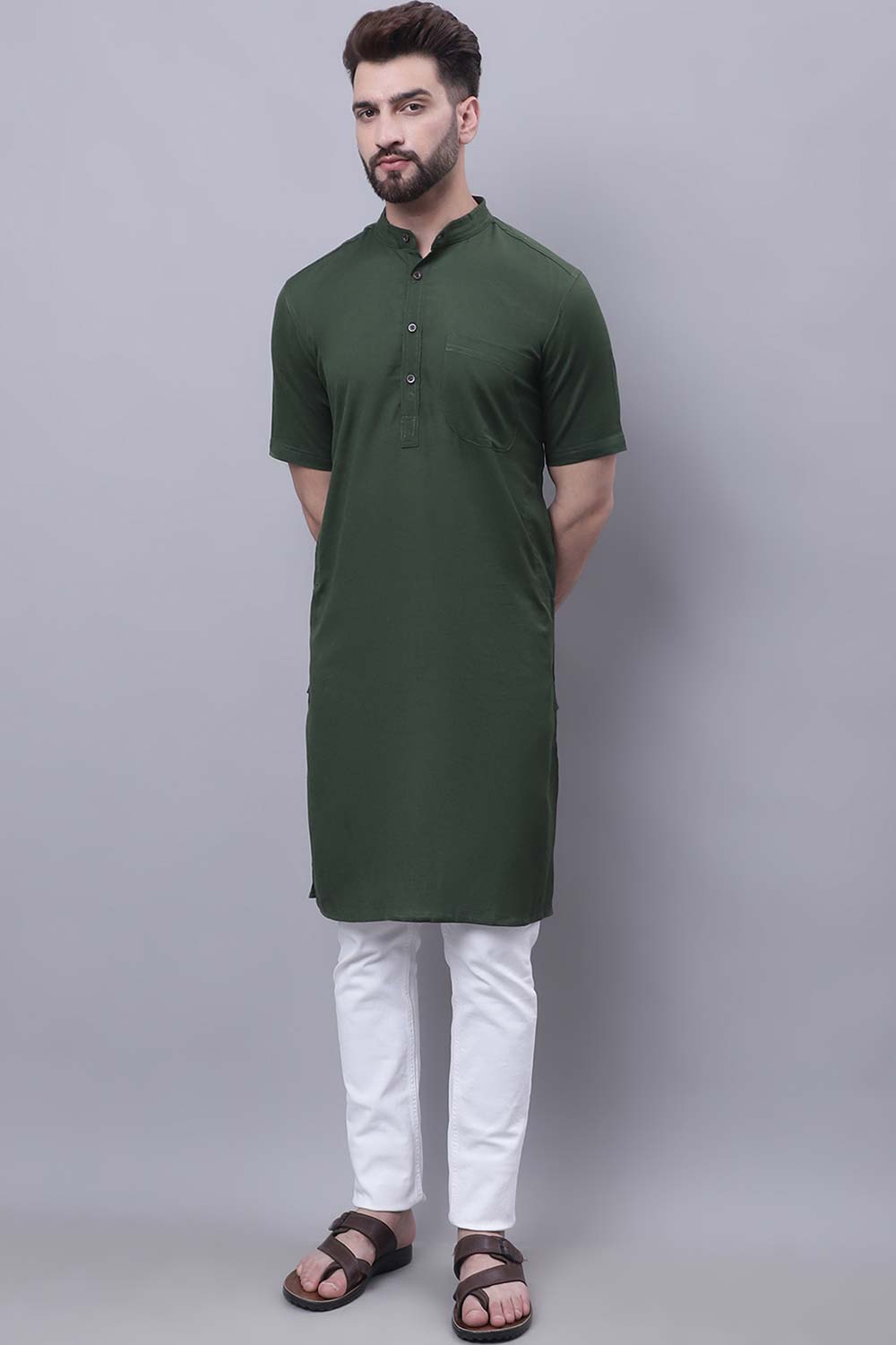 Buy Men's Green Cotton Solid Long Kurta Top Online