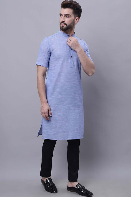 Buy Men's Blue Cotton Solid Long Kurta Top Online - Back