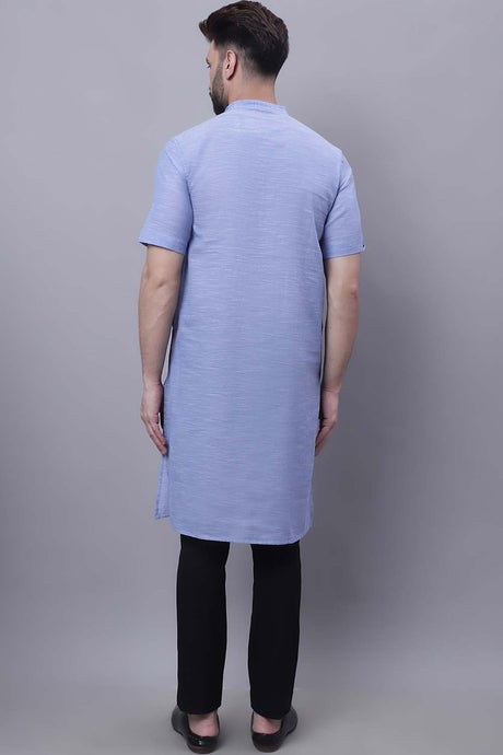 Buy Men's Blue Cotton Solid Long Kurta Top Online - Front