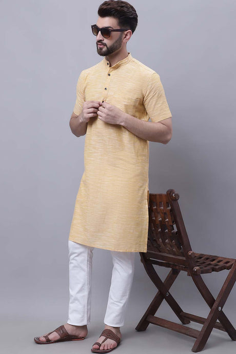 Buy Men's Yellow Cotton Solid Long Kurta Top Online
