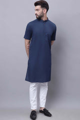 Buy Men's Blue Cotton Solid Long Kurta Top Online - Back