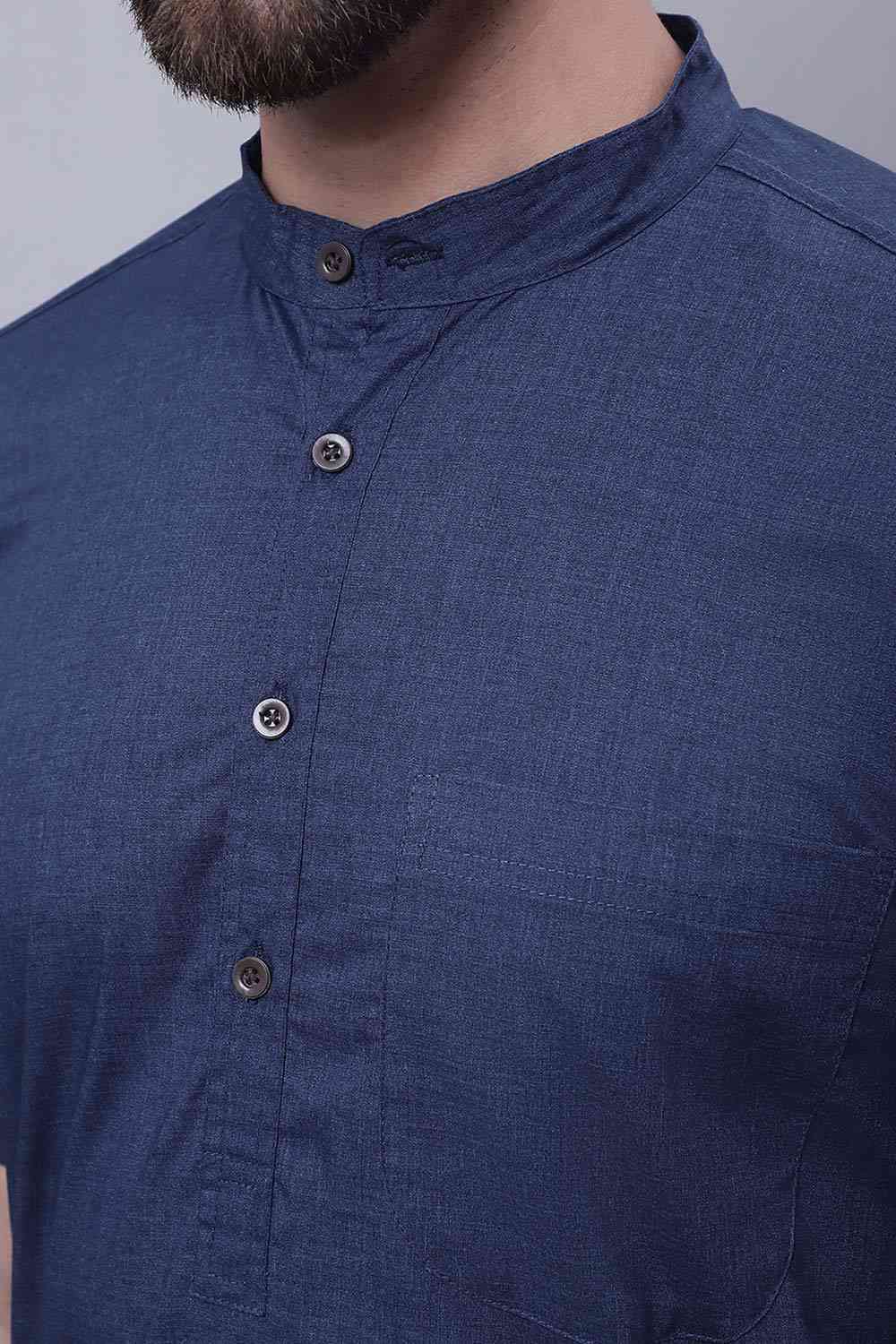 Buy Men's Blue Cotton Solid Long Kurta Top Online - Side