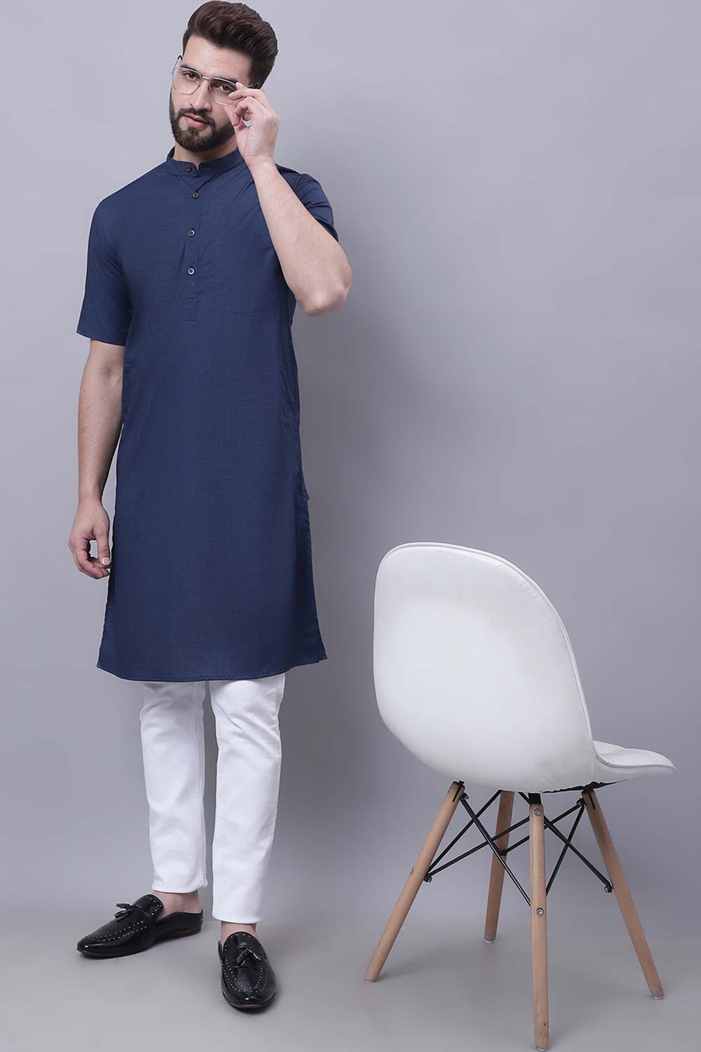 Buy Men's Blue Cotton Solid Long Kurta Top Online - Zoom In