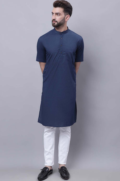 Buy Men's Blue Cotton Solid Long Kurta Top Online