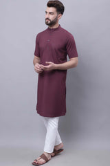 Buy Men's Wine Cotton Solid Long Kurta Top Online - Back