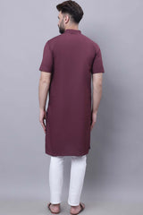 Buy Men's Wine Cotton Solid Long Kurta Top Online - Front