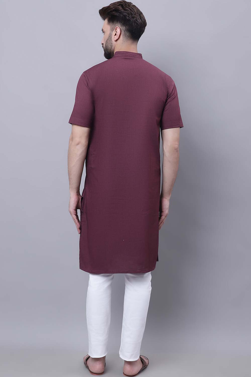 Buy Men's Wine Cotton Solid Long Kurta Top Online - Side