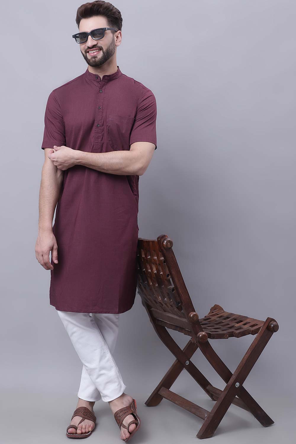 Buy Men's Wine Cotton Solid Long Kurta Top Online - Zoom In