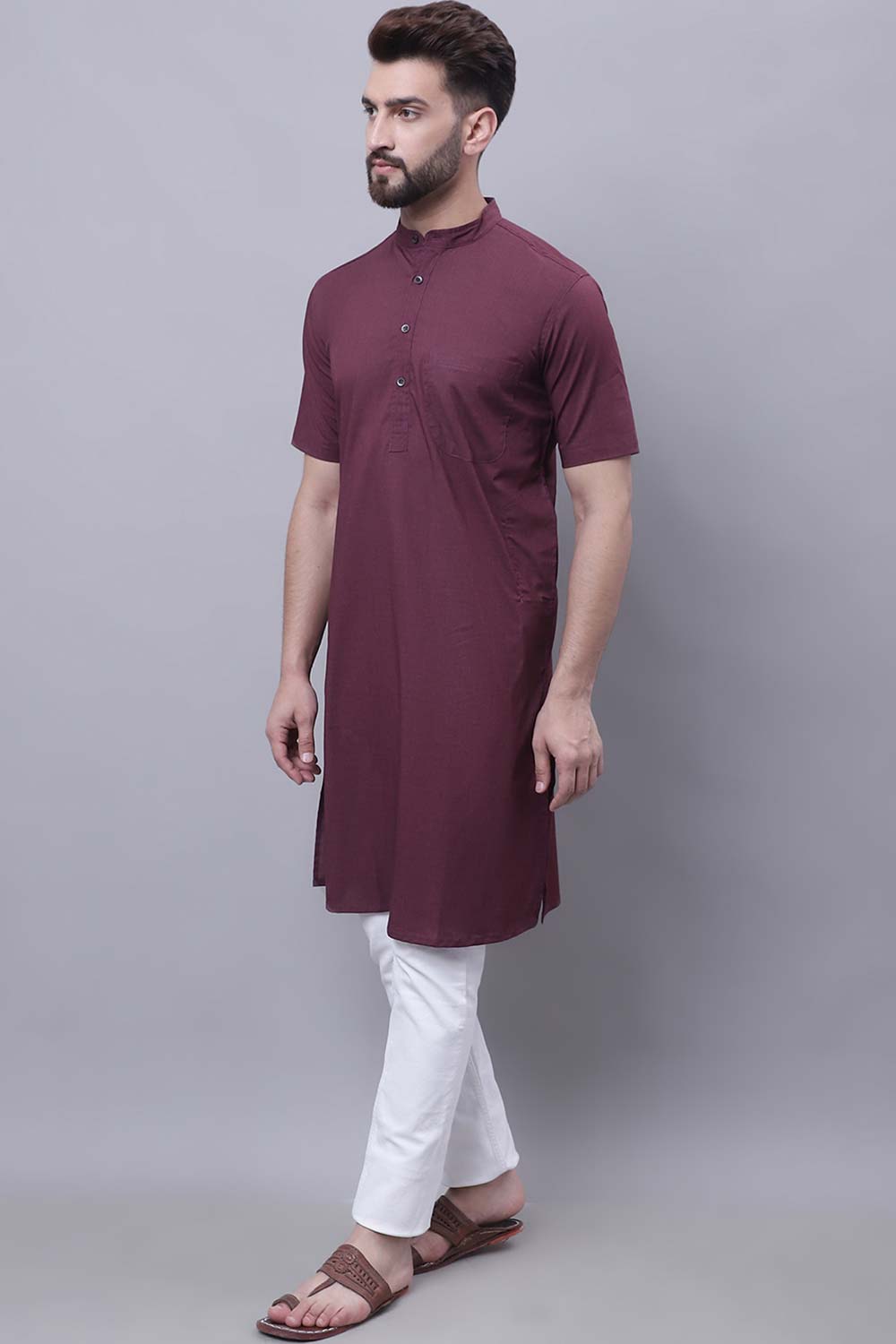 Buy Men's Wine Cotton Solid Long Kurta Top Online - Zoom Out