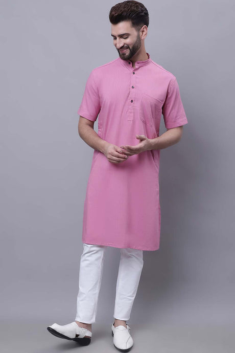 Buy Men's Pink Cotton Solid Long Kurta Top Online - Back