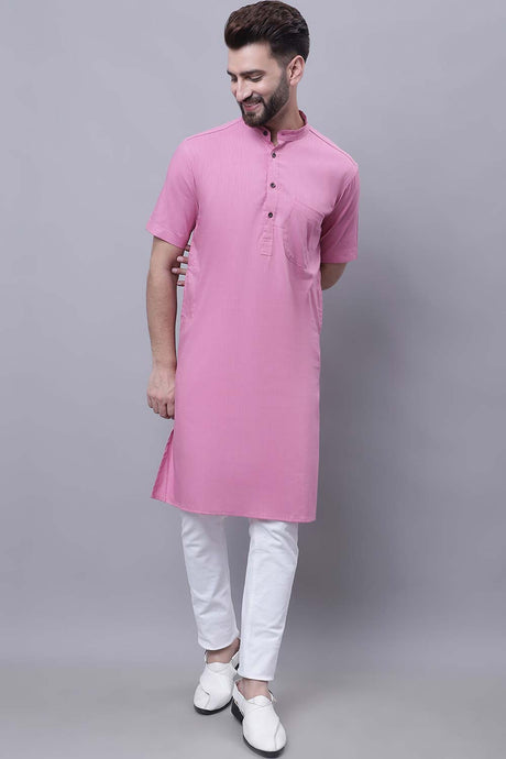 Buy Men's Pink Cotton Solid Long Kurta Top Online