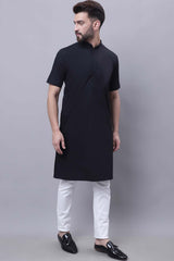 Buy Men's Black Cotton Solid Long Kurta Top Online - Back