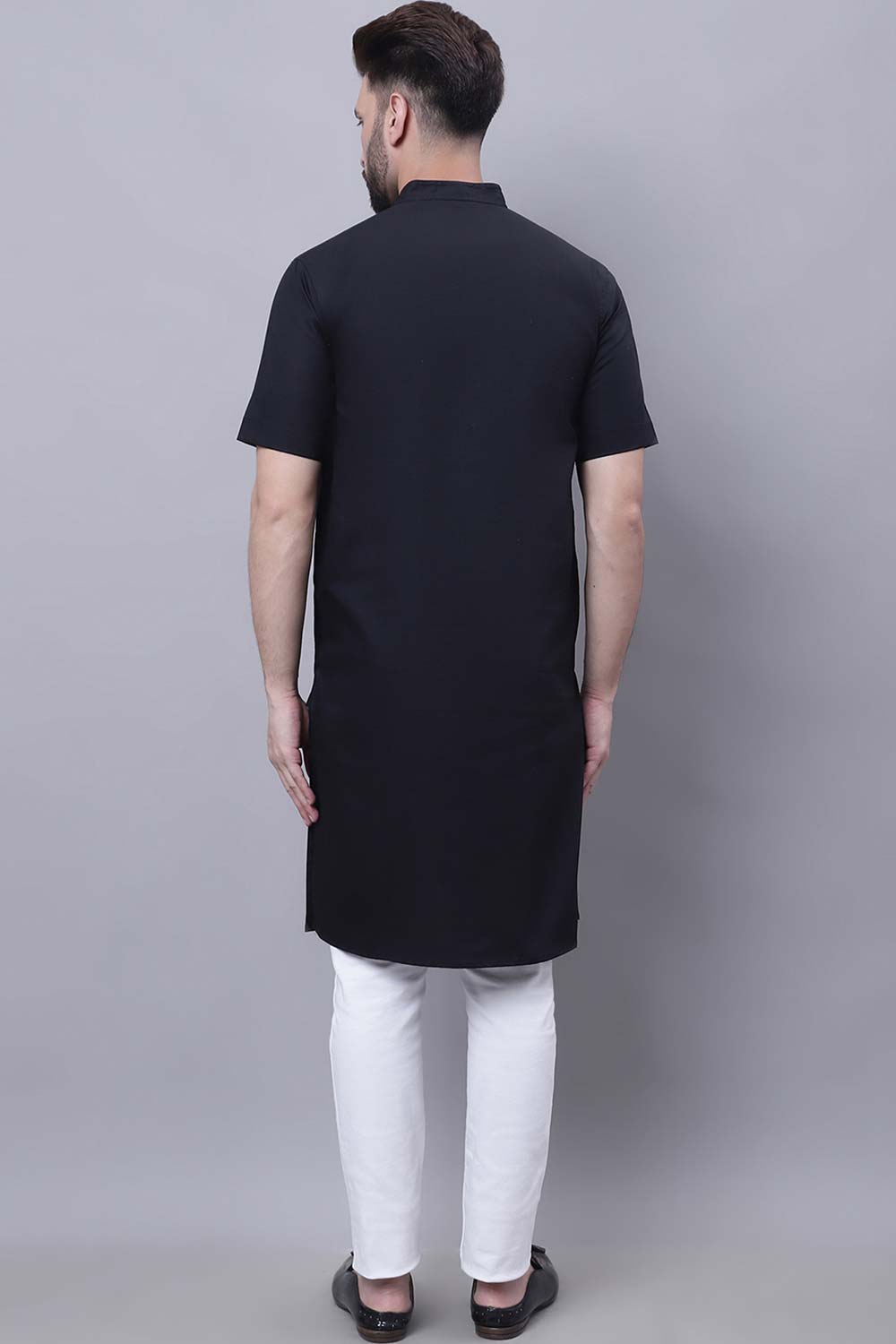 Buy Men's Black Cotton Solid Long Kurta Top Online - Front