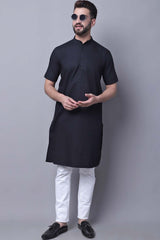 Buy Men's Black Cotton Solid Long Kurta Top Online - Zoom In