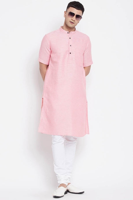 Buy Men's Pure Cotton Solid Long Kurta in Light Pink - Front