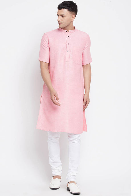 Buy Men's Pure Cotton Solid Long Kurta in Light Pink