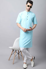 Men's Light Blue Solid Full Sleeve Long Kurta Top