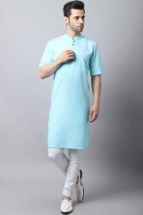 Men's Light Blue Solid Full Sleeve Long Kurta Top