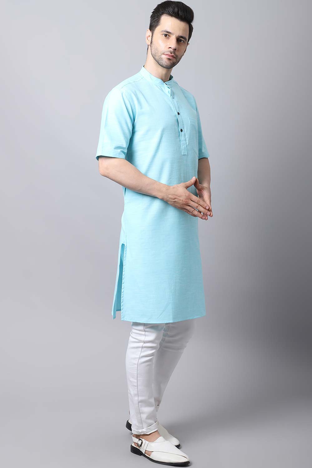 Men's Light Blue Solid Full Sleeve Long Kurta Top