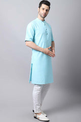 Men's Light Blue Solid Full Sleeve Long Kurta Top