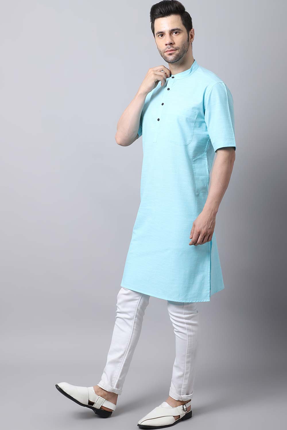 Men's Light Blue Solid Full Sleeve Long Kurta Top