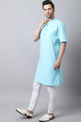 Men's Light Blue Solid Full Sleeve Long Kurta Top