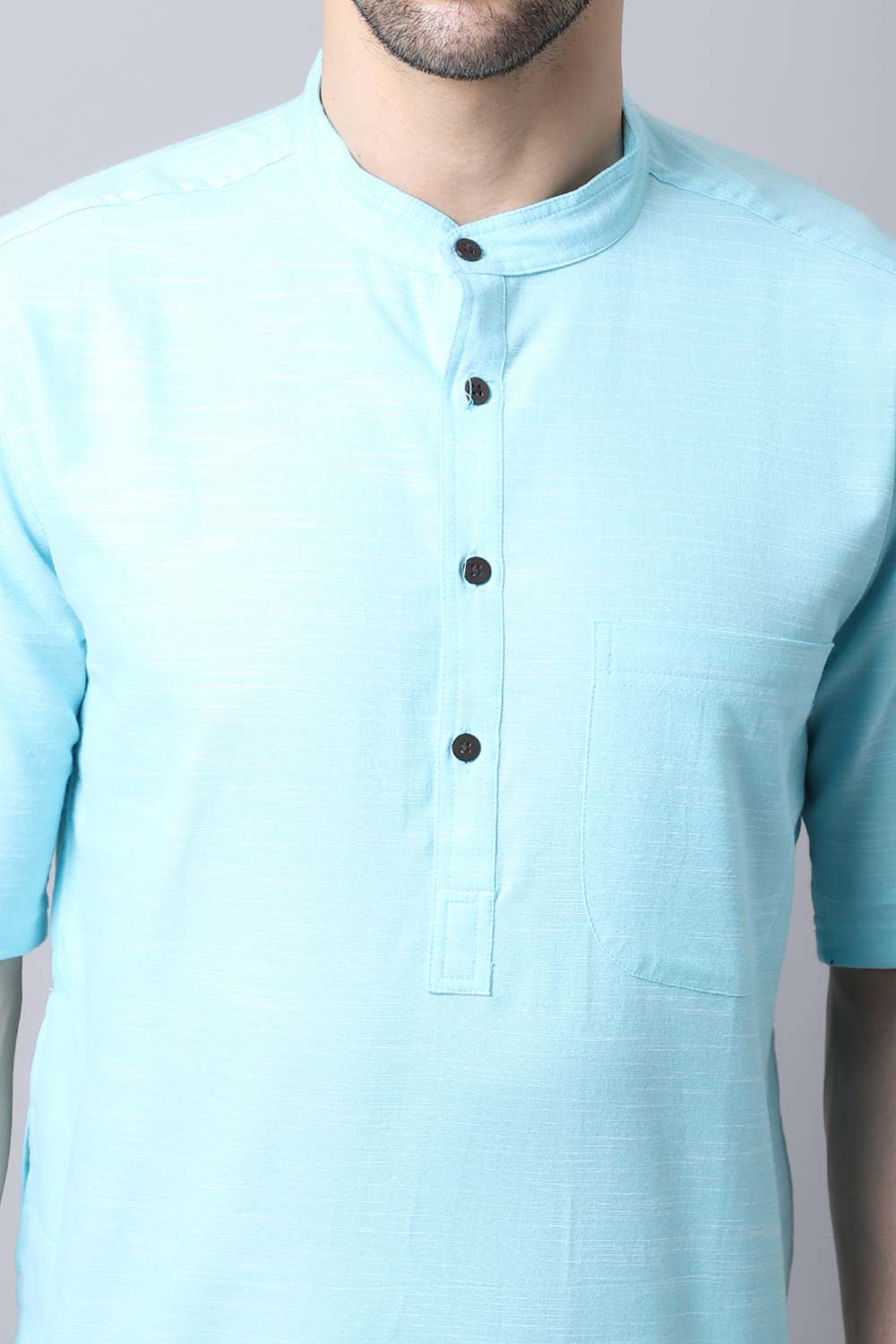 Men's Light Blue Solid Full Sleeve Long Kurta Top