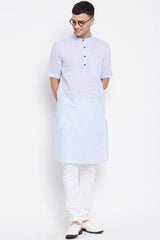 Buy Men's Pure Cotton Solid Long Kurta in Blue - Front