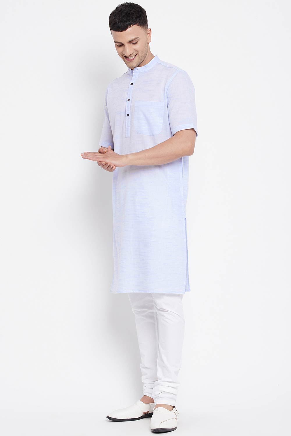 Buy Men's Pure Cotton Solid Long Kurta in Blue - Back