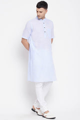 Buy Men's Pure Cotton Solid Long Kurta in Blue - Side