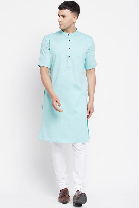 Buy Men's Pure Cotton Solid Long Kurta in Light Green - Front