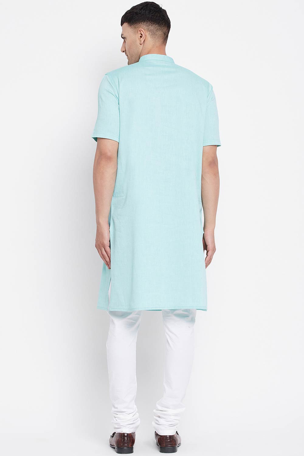 Buy Men's Pure Cotton Solid Long Kurta in Light Green - Back