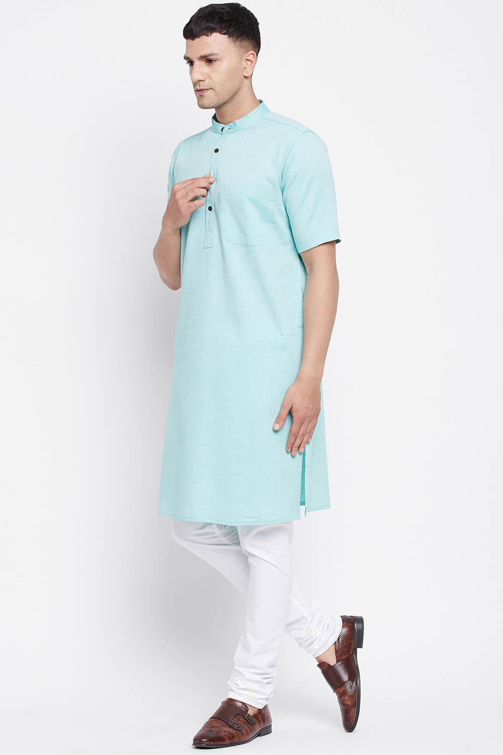 Buy Men's Pure Cotton Solid Long Kurta in Light Green - Side