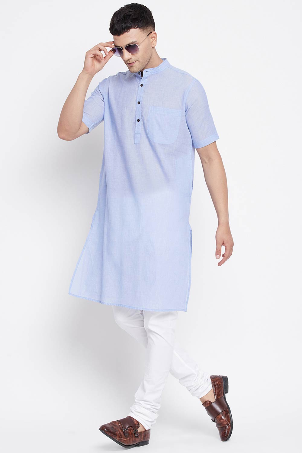 Buy Men's Pure Cotton Solid Long Kurta in Light Blue - Front