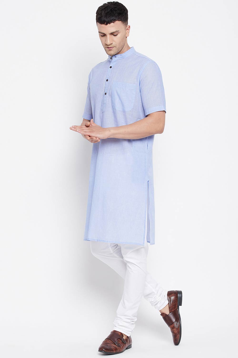 Buy Men's Pure Cotton Solid Long Kurta in Light Blue - Back