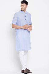 Buy Men's Pure Cotton Solid Long Kurta in Light Blue - Side