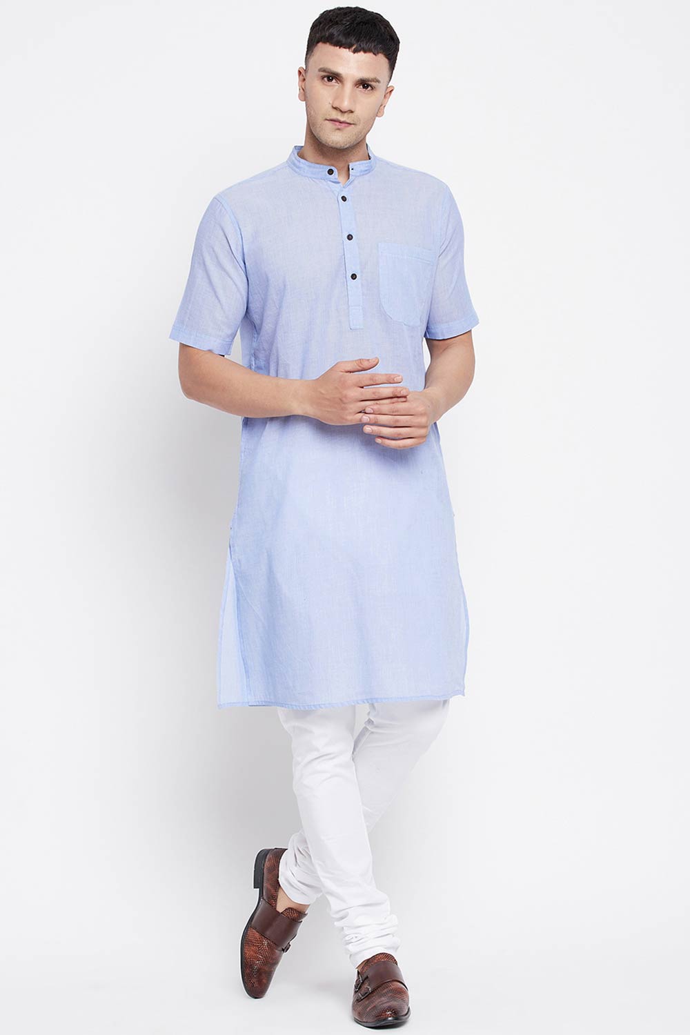 Buy Men's Pure Cotton Solid Long Kurta in Light Blue