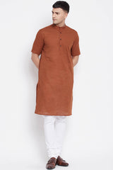 Buy Men's Pure Cotton Solid Long Kurta in Dark Brown - Front