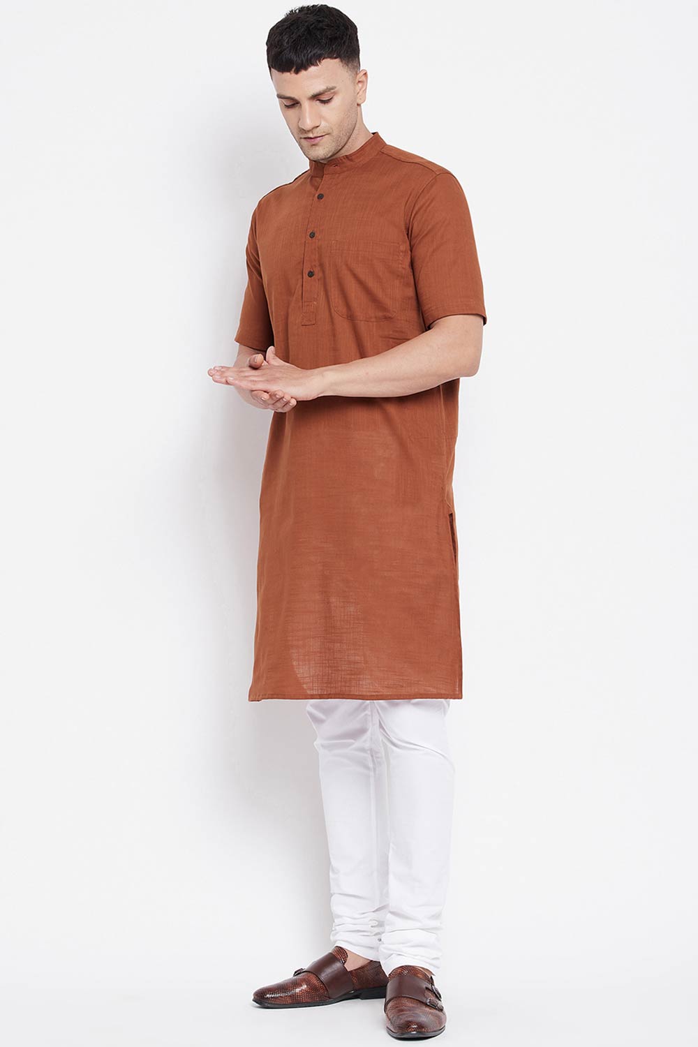 Buy Men's Pure Cotton Solid Long Kurta in Dark Brown - Back